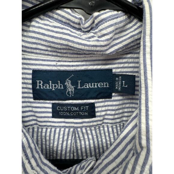 Ralph Lauren Men's L Custom Fit Cotton Blue/White Seersucker Button Down Shirt - Picture 3 of 5